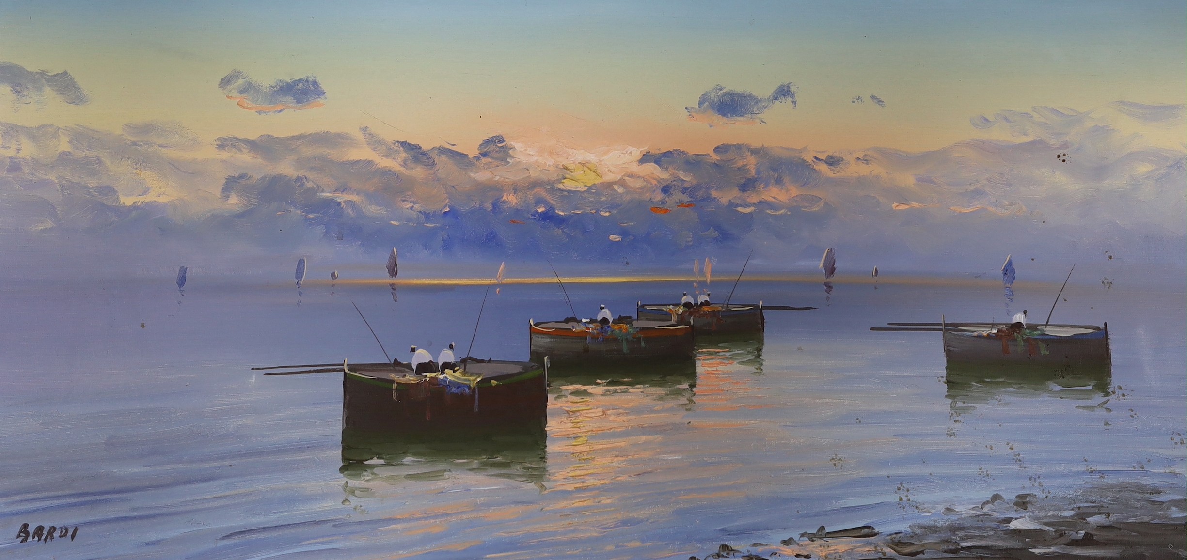 Bardi, oil on canvas, Italian coastal landscape, signed, 39 x 79cm.
